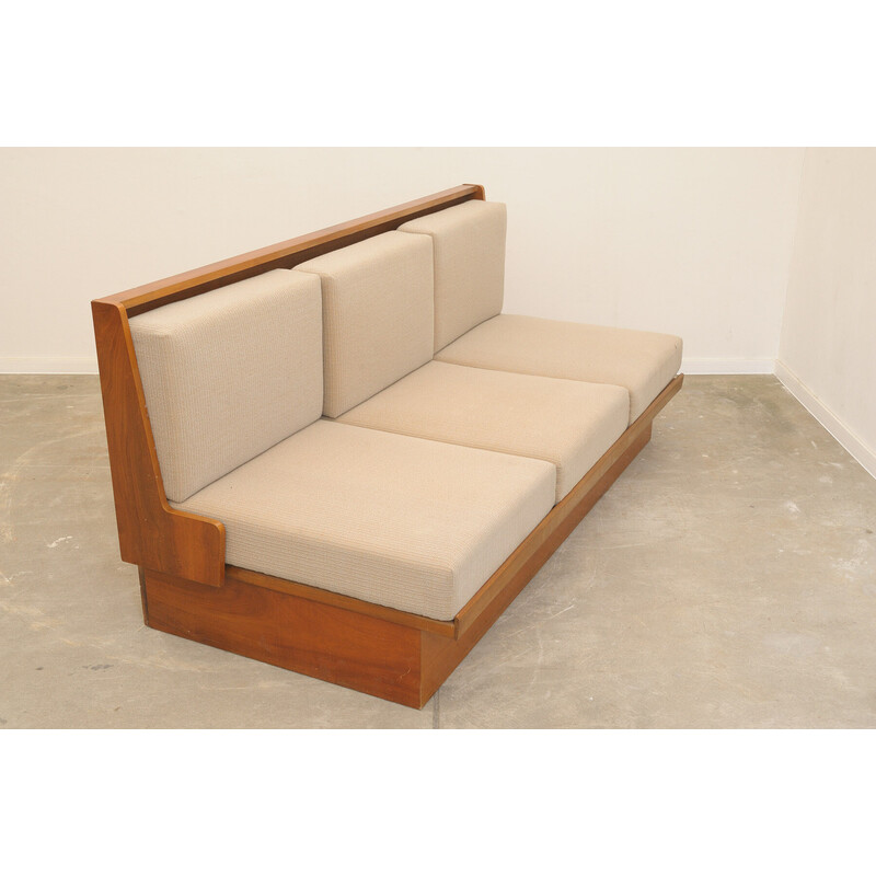 Vintage 3-seater folding sofa in walnut veneered wood for Jitona, Czechoslovakia 1950