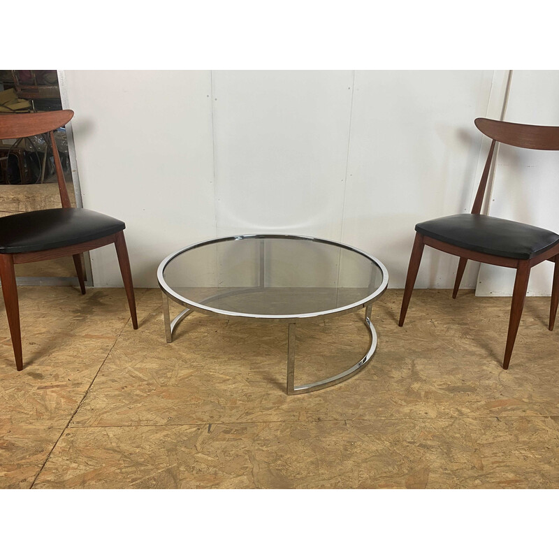 Vintage round coffee table in smoked glass and chrome steel, 1970