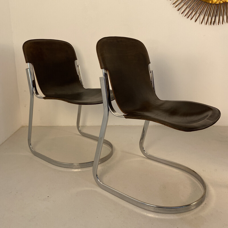Ensemble de 5 chaises vintage en cuir et acier chromé pour Cidue, Italie 1970