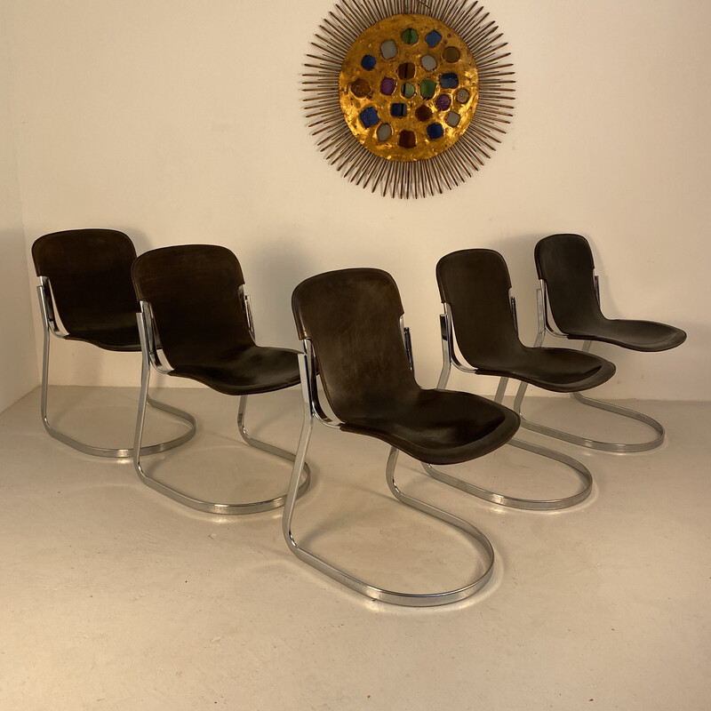 Ensemble de 5 chaises vintage en cuir et acier chromé pour Cidue, Italie 1970