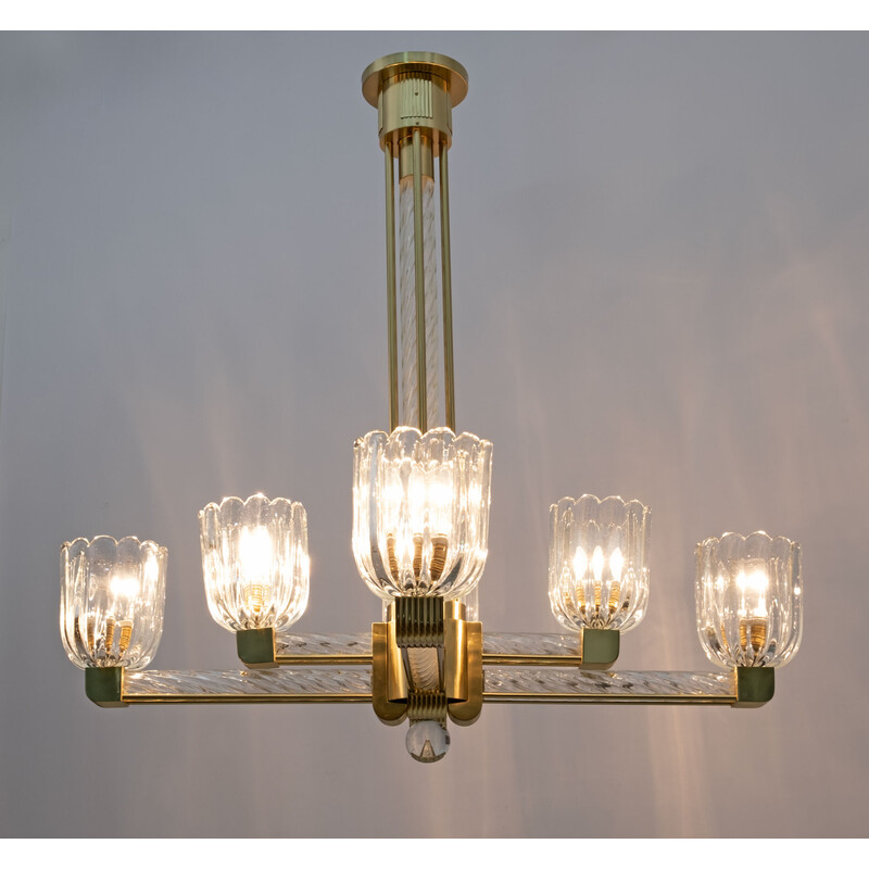 Vintage art deco chandelier in murano glass and brass by Barovier and Toso for Sciolari, 1930
