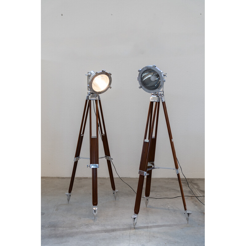 Pair of vintage tripod floor lamps in anodized aluminum and cherry wood, Italy 1989