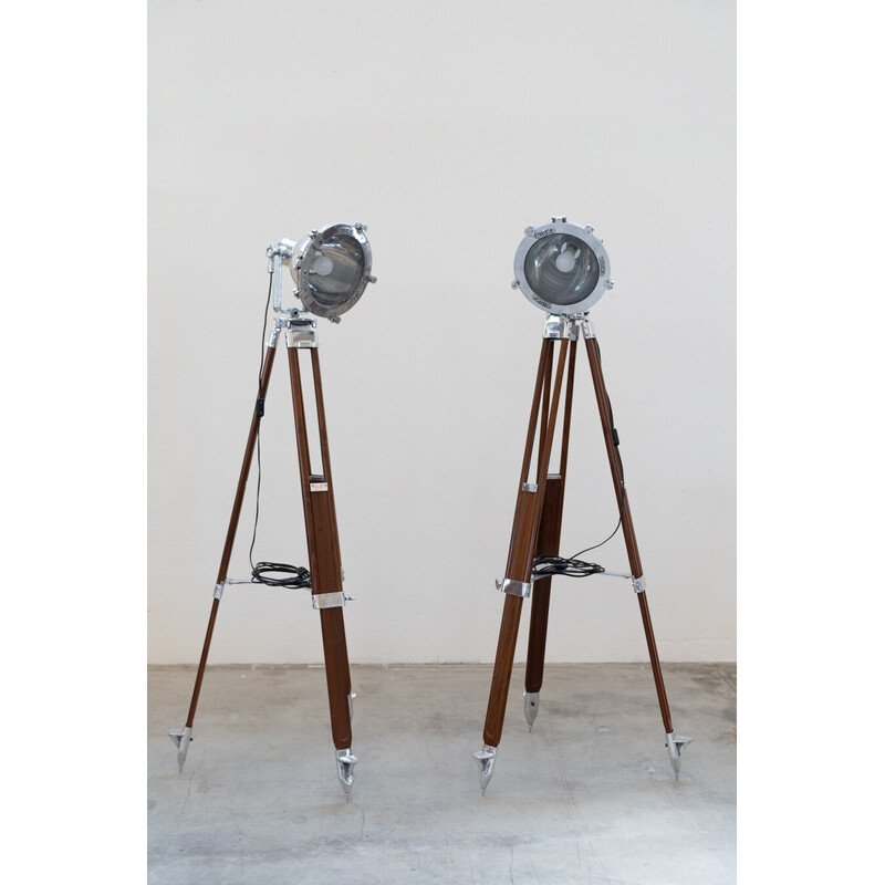 Pair of vintage tripod floor lamps in anodized aluminum and cherry wood, Italy 1989