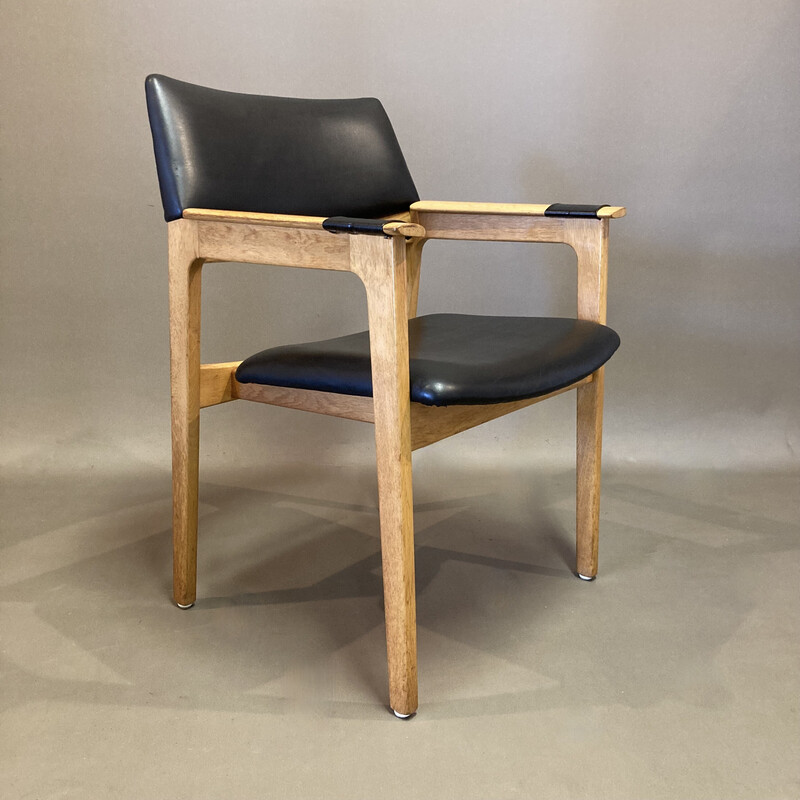 Vintage armchair in solid oak and black leather, 1950