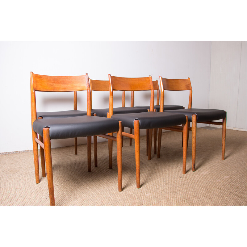 Set of 6 vintage model 418 chairs in teak and skai by Arne Vodder for Sibast, Denmark 1960