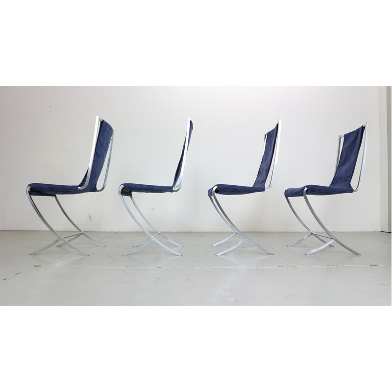 Set of 4 vintage dining chairs in velvet and steel by Pierre Cardin for Maison Jansen, France 1970