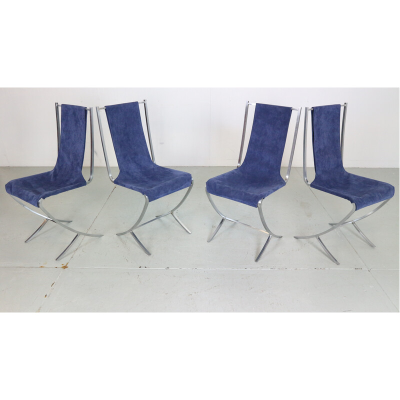 Set of 4 vintage dining chairs in velvet and steel by Pierre Cardin for Maison Jansen, France 1970