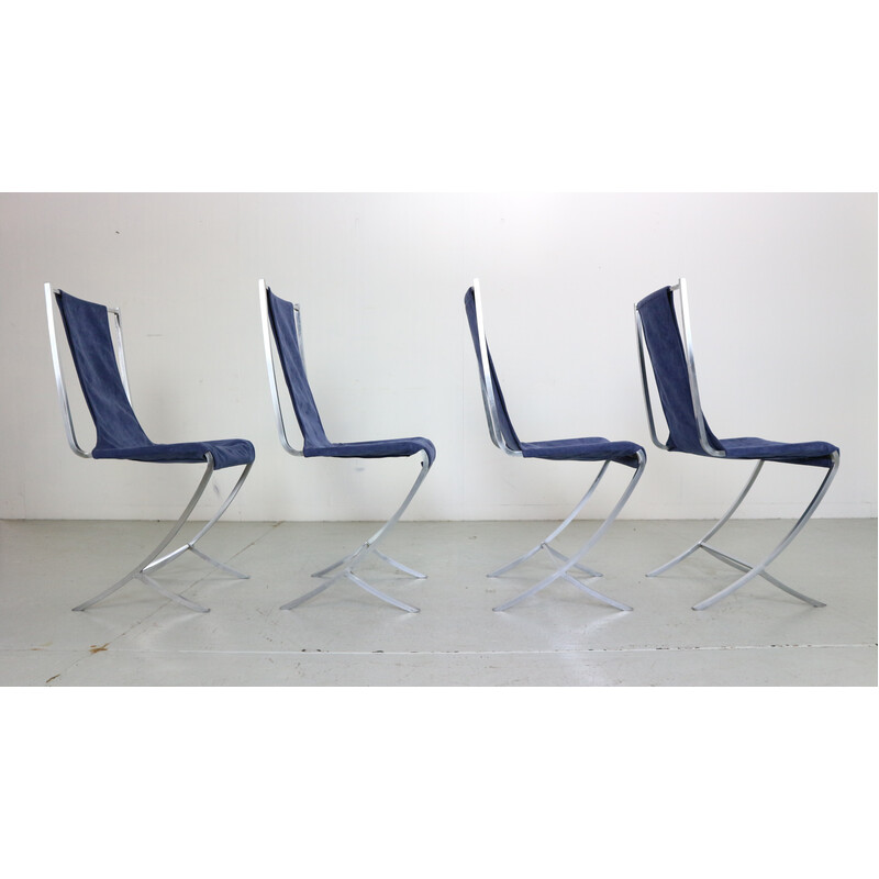 Set of 4 vintage dining chairs in velvet and steel by Pierre Cardin for Maison Jansen, France 1970