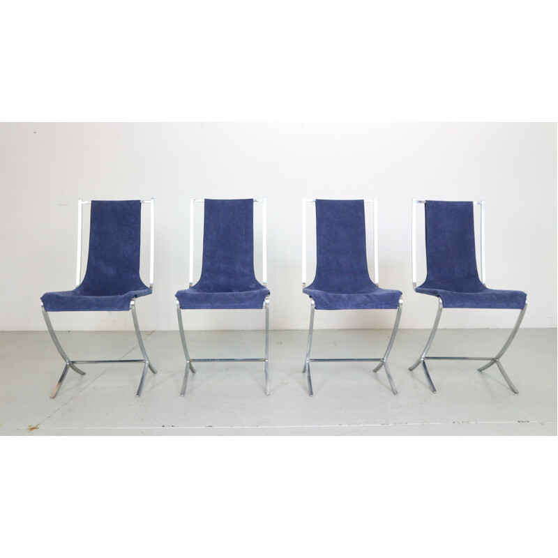 Set of 4 vintage dining chairs in velvet and steel by Pierre Cardin for Maison Jansen, France 1970