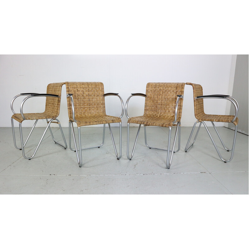 Set of 4 vintage wicker and steel armchairs by Willem H. Gispen for Gispen, Netherlands 1930