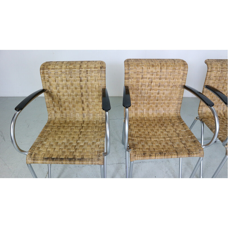 Set of 4 vintage wicker and steel armchairs by Willem H. Gispen for Gispen, Netherlands 1930
