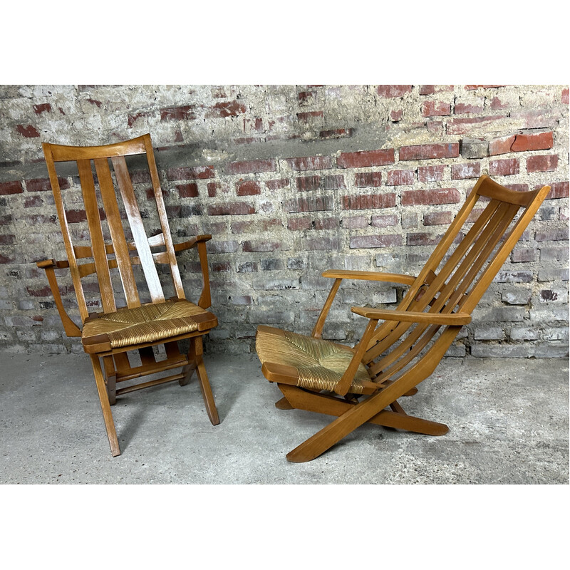 Paire de chaises vintage en bois et paillage à système 3 positions, 1950