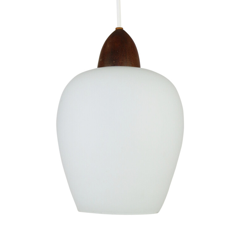 Scandinavian milk glass and teak pendant - 1960s