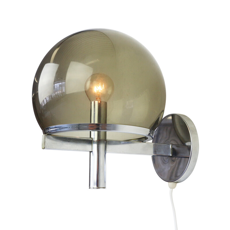 Smoked glass and chrome globe wall light, 1970s