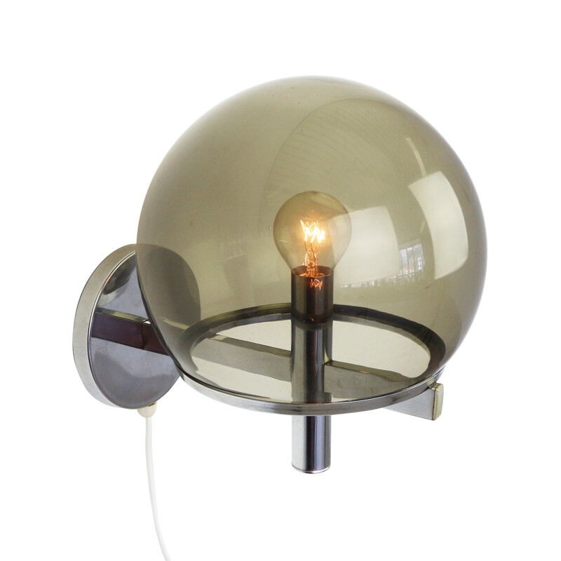 Smoked glass and chrome globe wall light, 1970s