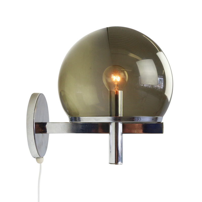 Smoked glass and chrome globe wall light, 1970s