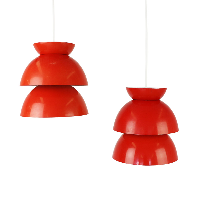Pair of red scandinavian pendant lights - 1960s
