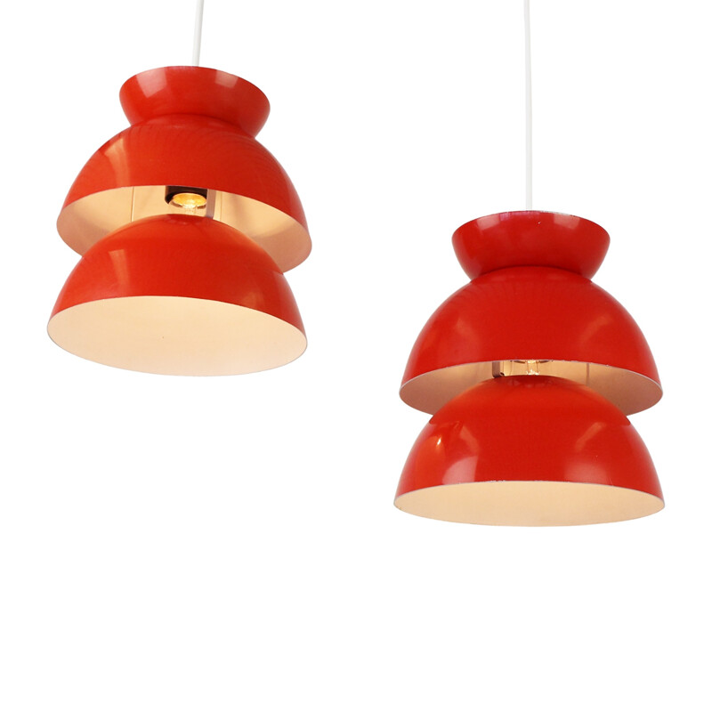 Pair of red scandinavian pendant lights - 1960s