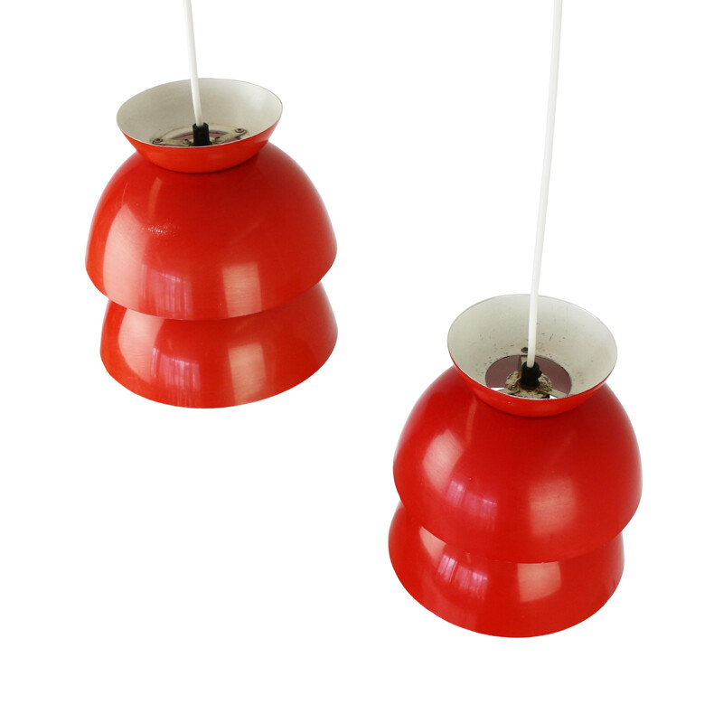 Pair of red scandinavian pendant lights - 1960s