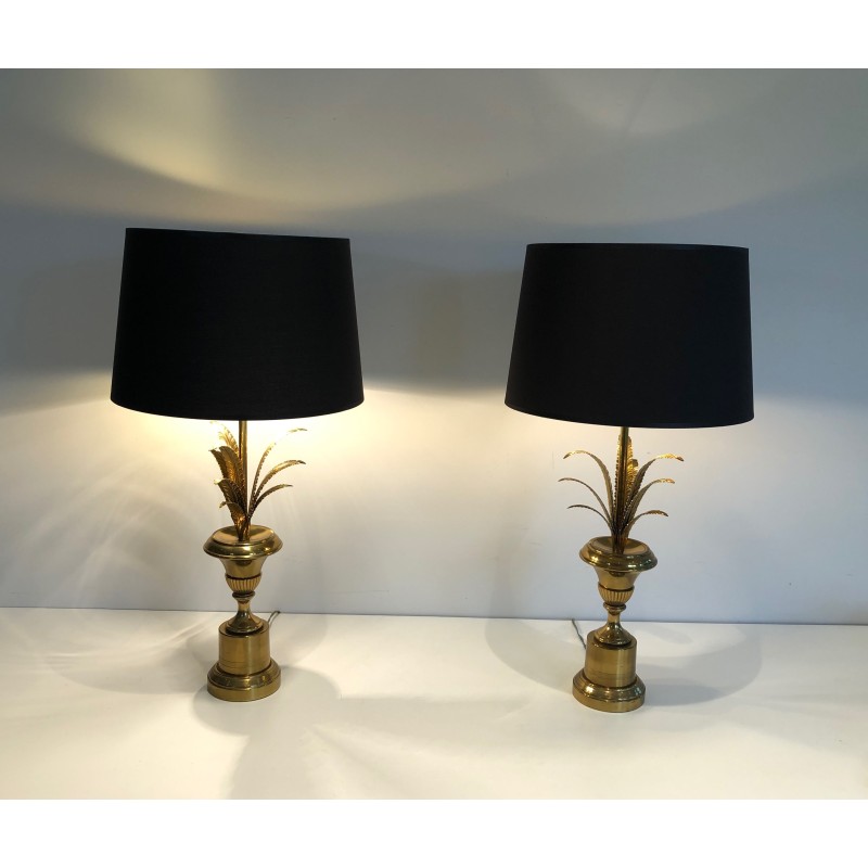 Pair of vintage palm and brass wall lights, 1970