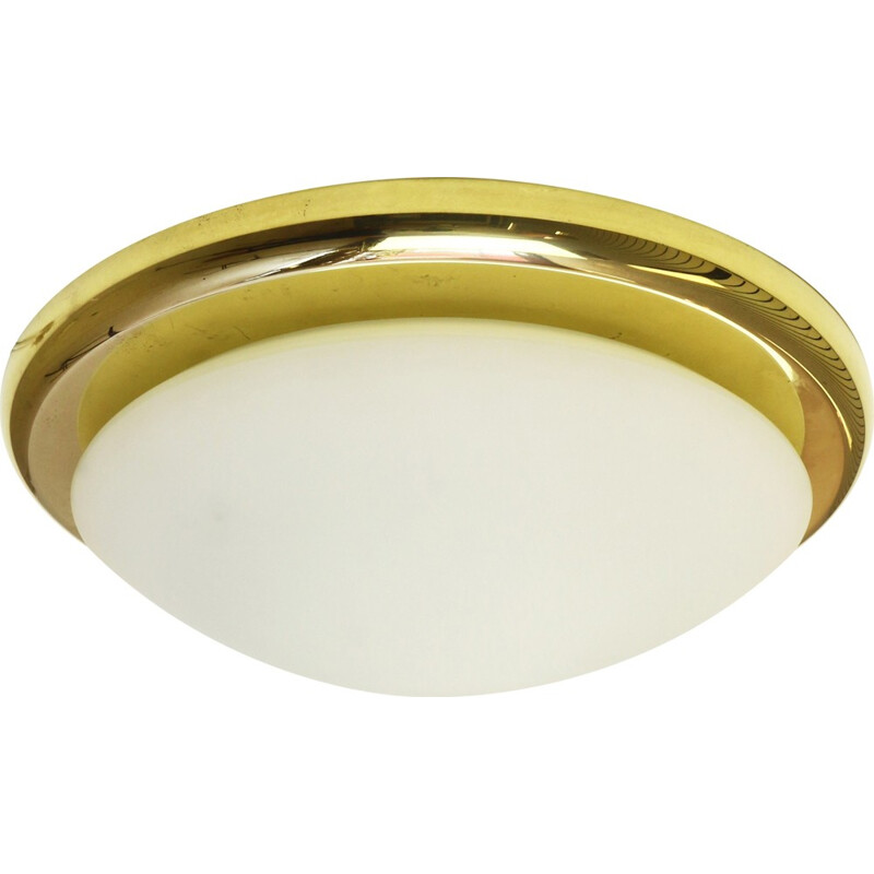 Mid-century circular opaline glass and golden steel ceiling lamp - 1970s