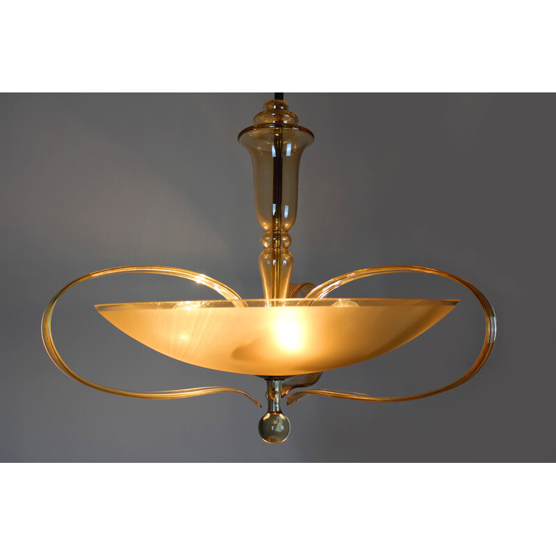 Vintage art deco brass and curved glass chandelier for Esc Zukov, 1940