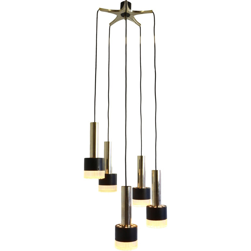 Heavy 5 lights chandelier with thick glass diffusers - 1960s