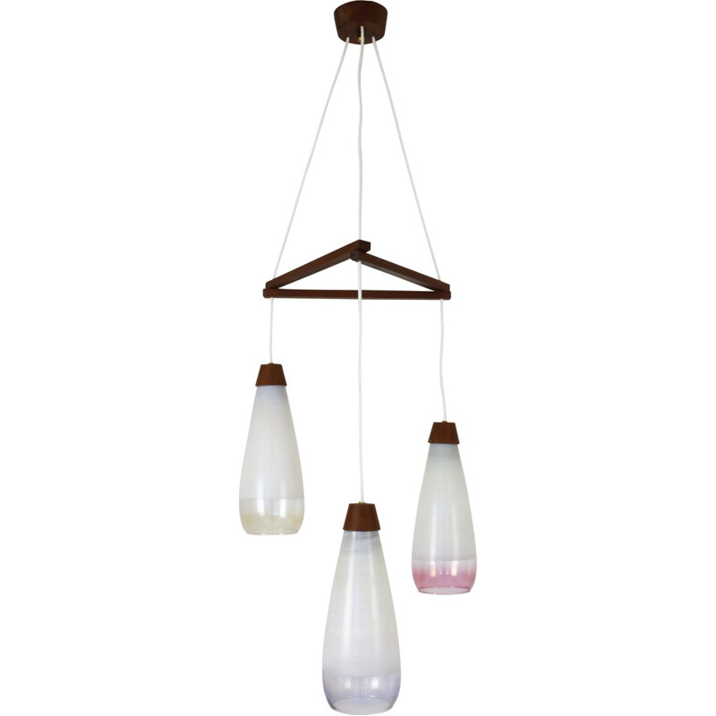 Multicolor glass tricone hanging lamp with wooden details - 1960s