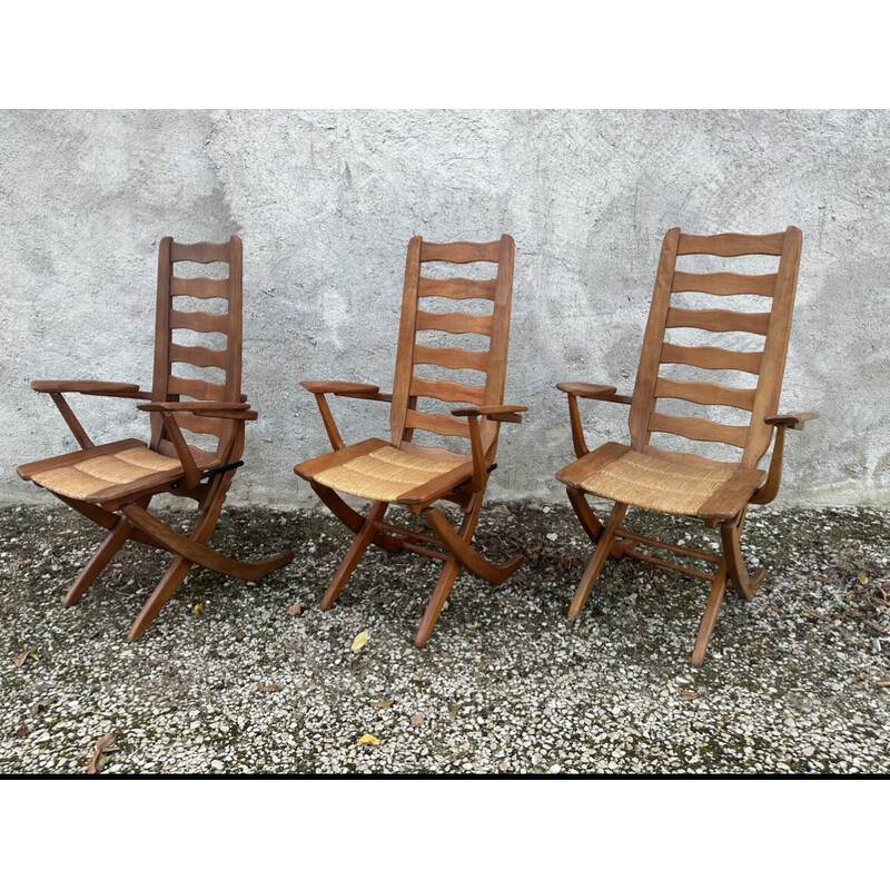 Ensemble de 3 fauteuils vintage en hêtre et paille, 1960
