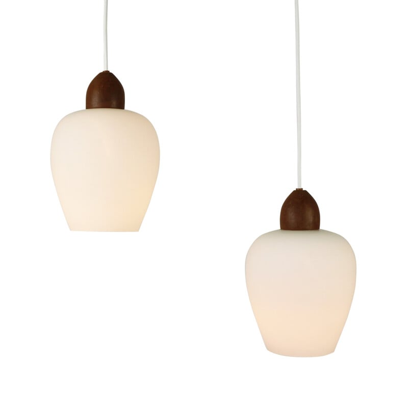 Pair of Scandinavian milk glass and teak pendants - 1960s