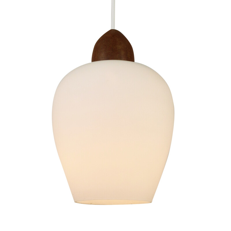 Pair of Scandinavian milk glass and teak pendants - 1960s