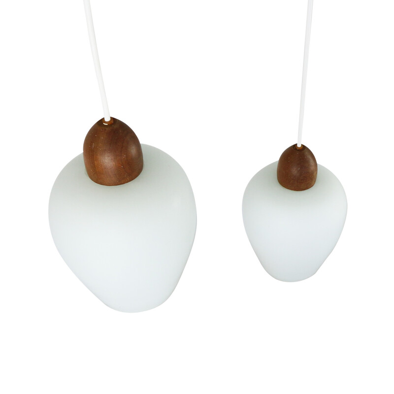 Pair of Scandinavian milk glass and teak pendants - 1960s
