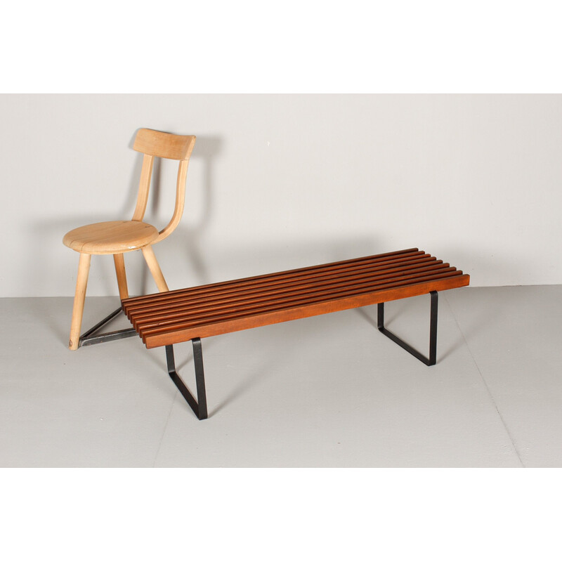 Banc vintage en bois massif et fer, 1960