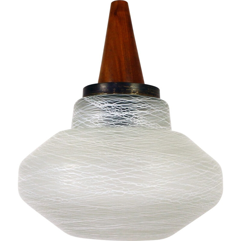 Scandinavian glass pendant light with wooden cap - 1960s