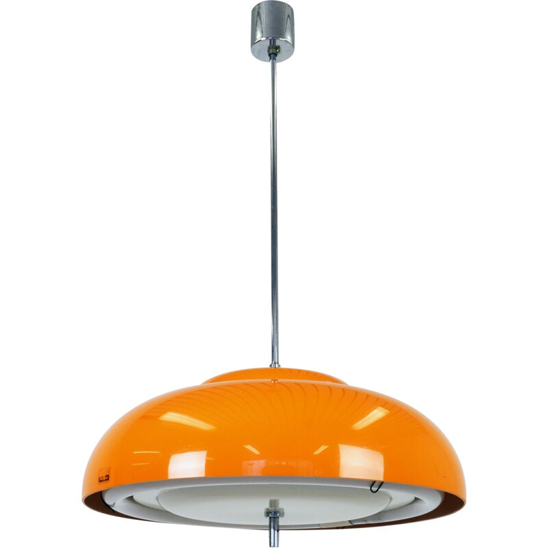 Space age orange pendant light with fluorescent light bulb - 1970s