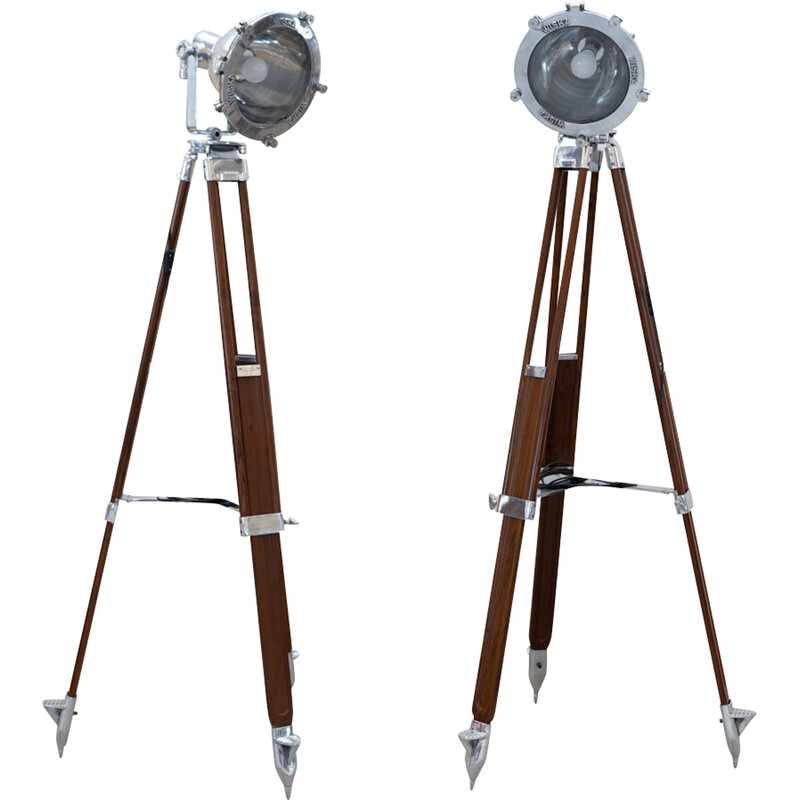 Pair of vintage tripod floor lamps in anodized aluminum and cherry wood, Italy 1989