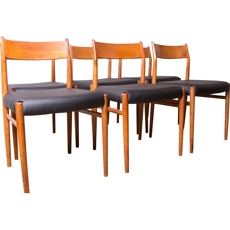 Set of 6 vintage model 418 chairs in teak and skai by Arne Vodder for Sibast, Denmark 1960