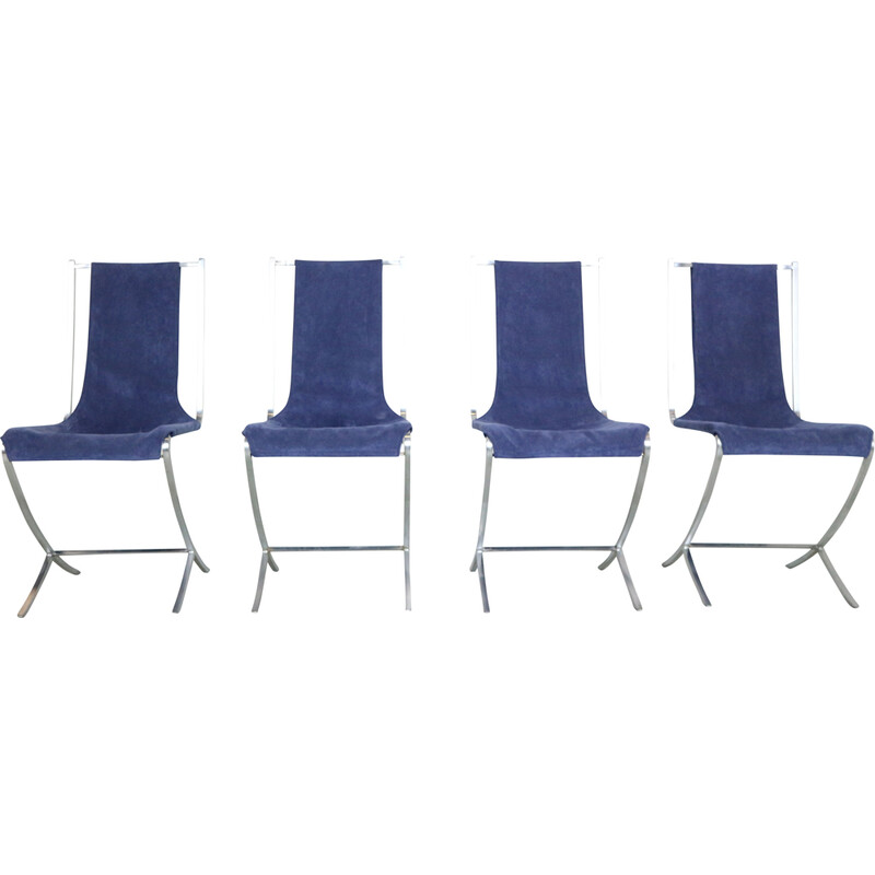 Set of 4 vintage dining chairs in velvet and steel by Pierre Cardin for Maison Jansen, France 1970
