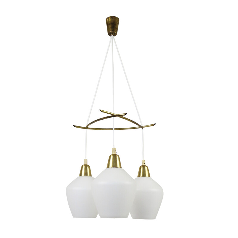 Scandinavian chandelier with milk glass shades and messing details - 1960s