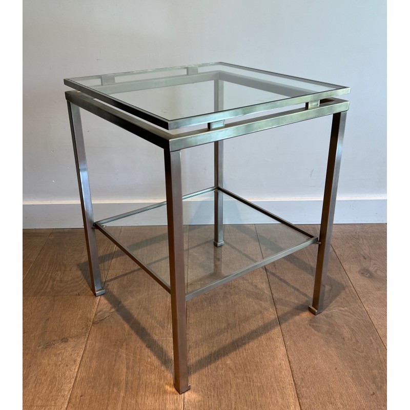 Par de mesas de apoio vintage em aço escovado e vidro transparente de Guy Lefèvre para Maison Jansen, 1970