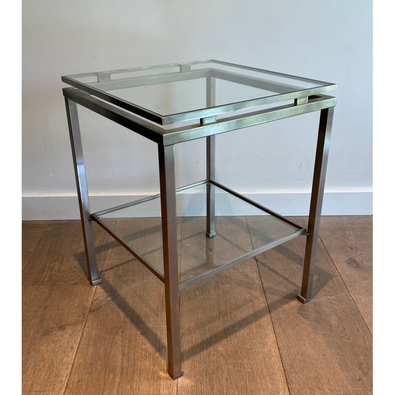 Pareja de mesas auxiliares vintage en acero cepillado y cristal transparente de Guy Lefèvre para Maison Jansen, 1970