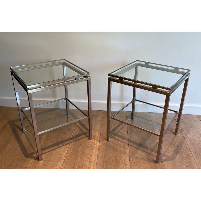 Ein Paar Beistelltische aus gebürstetem Stahl und transparentem Glas von Guy Lefèvre für Maison Jansen, 1970