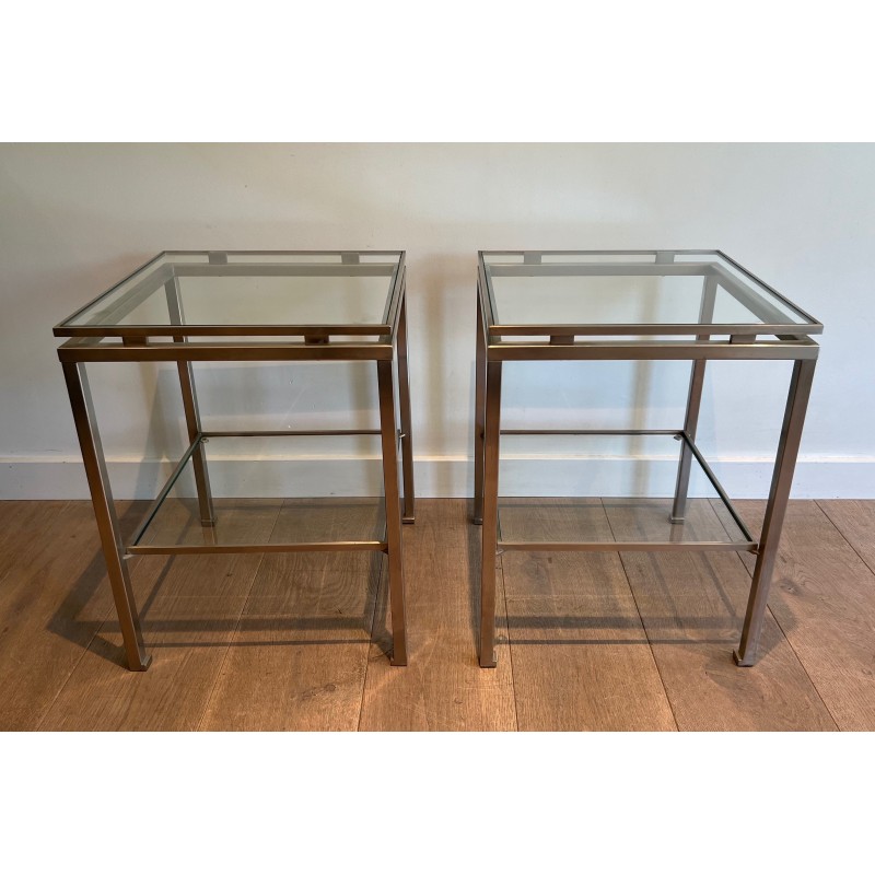 Pair of vintage side tables in brushed steel and transparent glass by Guy Lefèvre for Maison Jansen, 1970