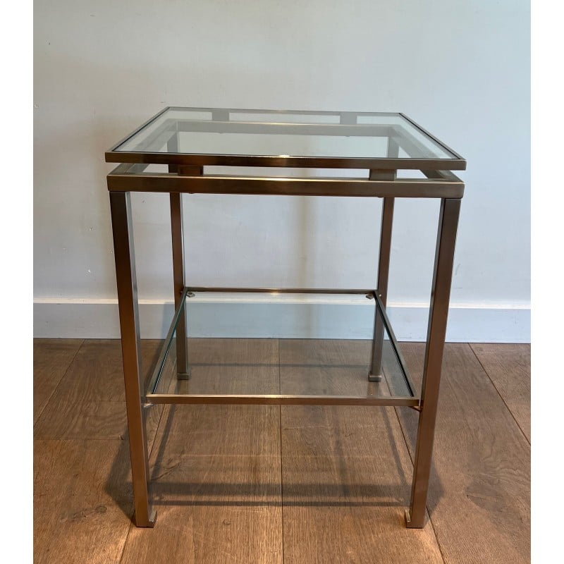 Pareja de mesas auxiliares vintage en acero cepillado y cristal transparente de Guy Lefèvre para Maison Jansen, 1970