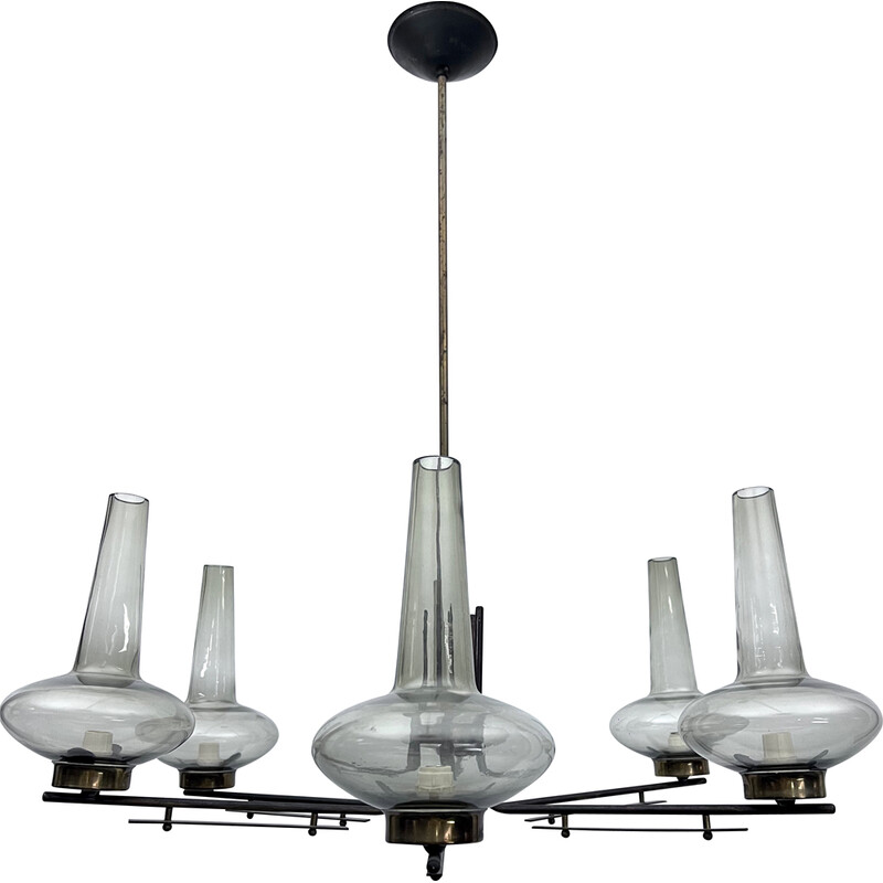 Vintage brass and smoked glass chandelier with six arms, 1950