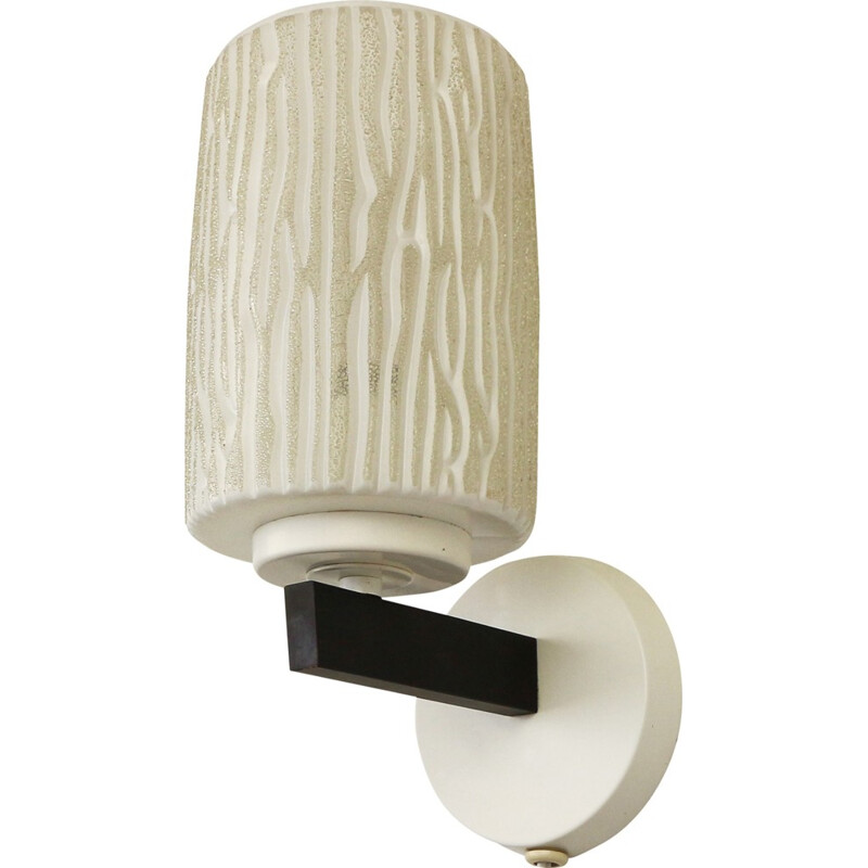 Modern black and white wall light with decorated glass shade - 1960s