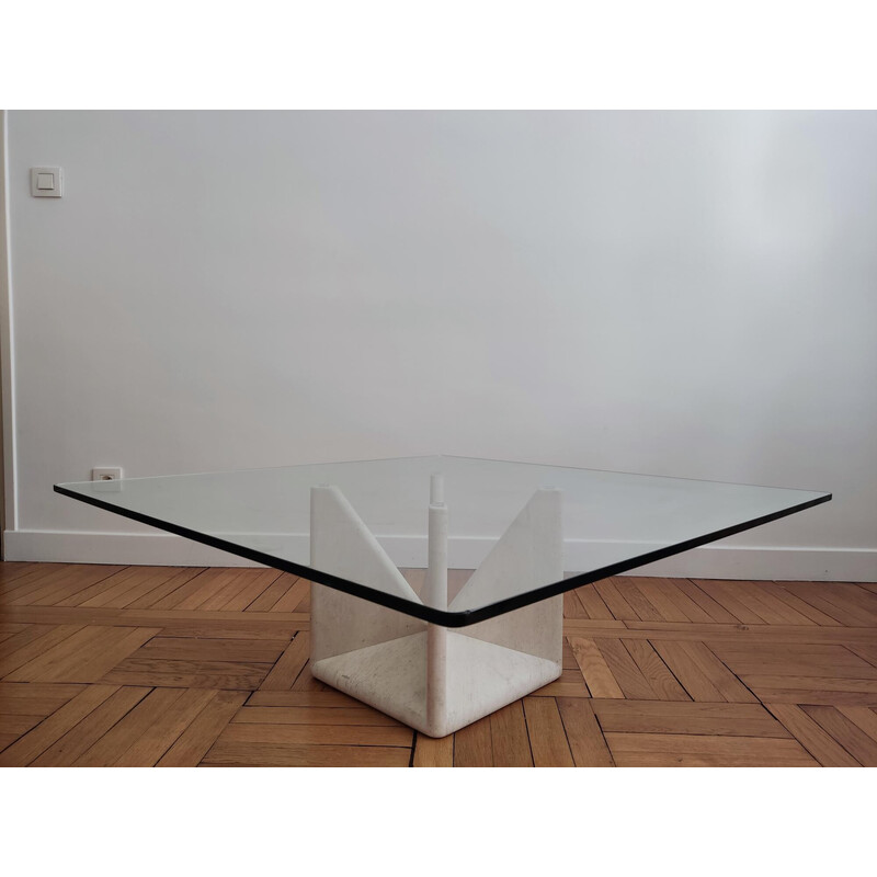 Table basse sculpturale vintage en travertin et verre par Claude Berraldacci, 1990