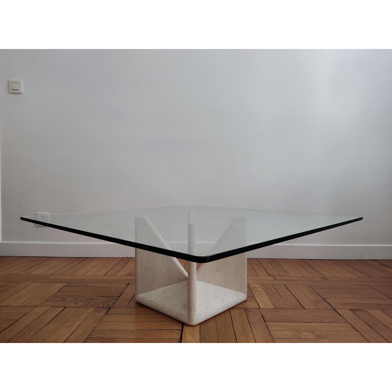 Table basse sculpturale vintage en travertin et verre par Claude Berraldacci, 1990