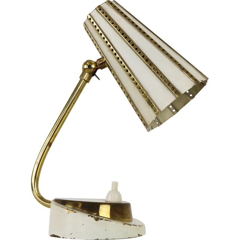 Petite lampe de bureau blanche avec décoration en laiton - 1950