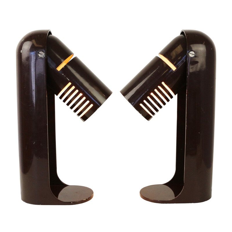 Set of 2 dark brown Space Age Italian flip top desk lights by Leuka - 1970s